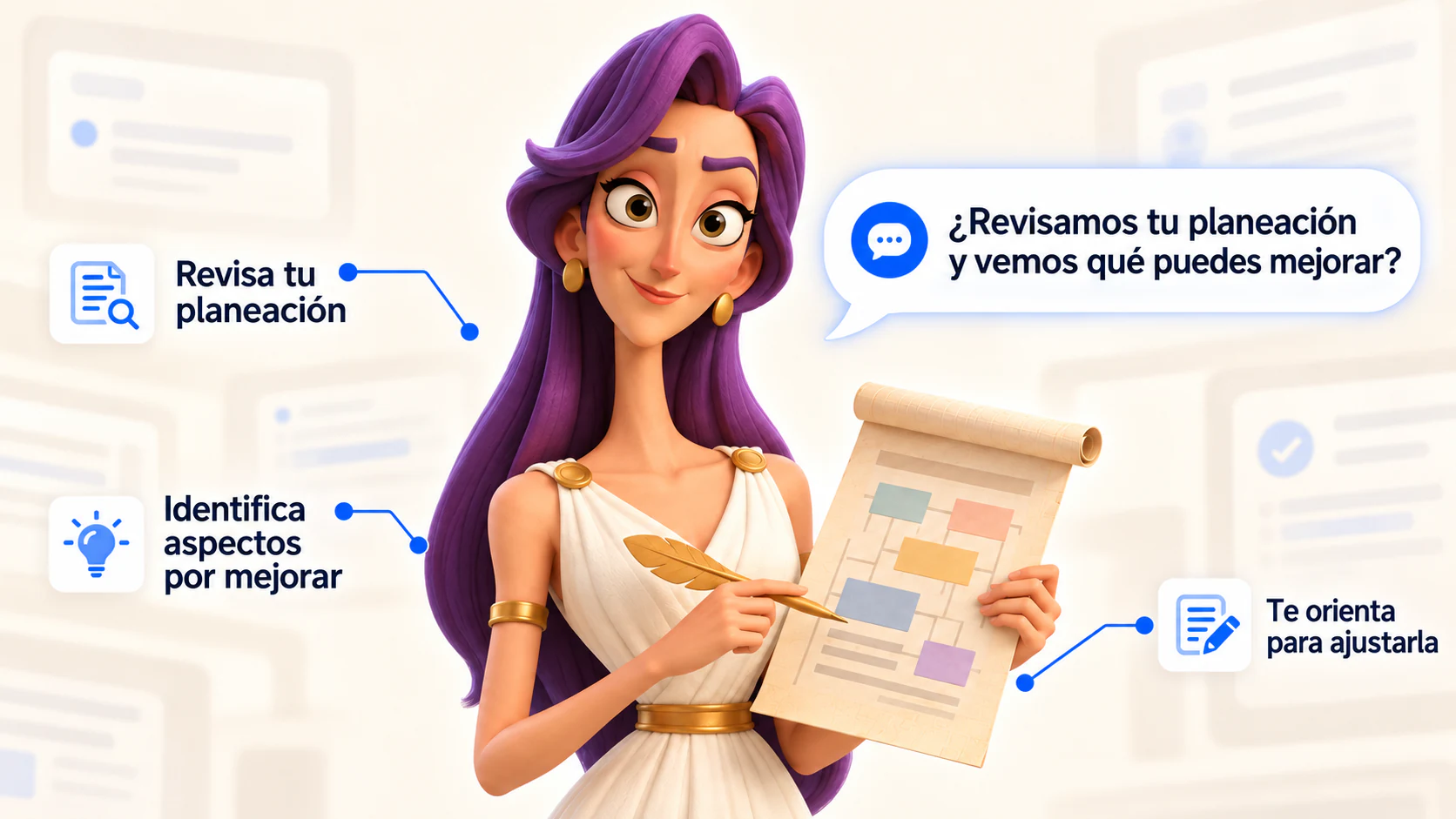 Atena, especialista en revisión de planeaciones, revisa una planeación con una pluma