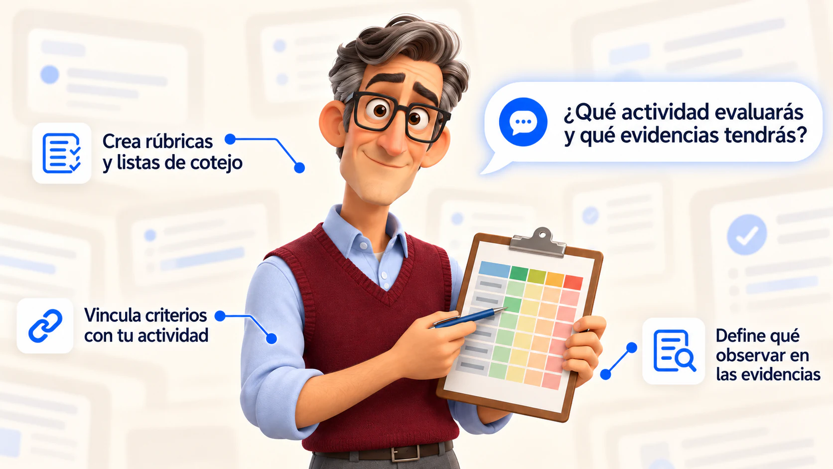 Horacio, especialista en instrumentos de evaluación, muestra una rúbrica